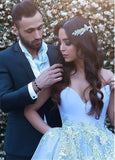 Ball Gown Off-the-Shoulder Sweep Train Blue Tulle Prom Dress PG464 - Tirdress