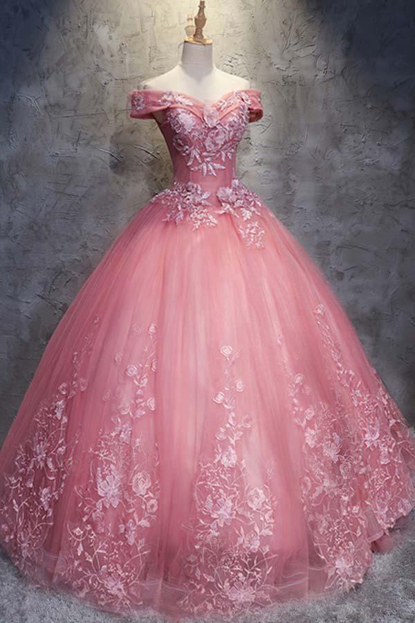 Ball Gown Off-the-Shoulder Tulle Wedding Dress With Appliques WD196 - Tirdress