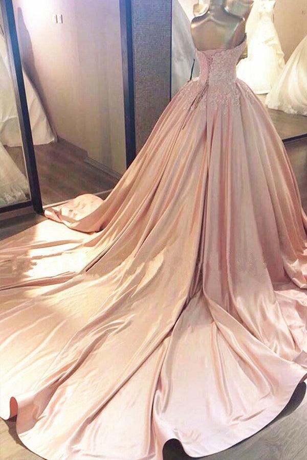 Ball Gown Pink Sweetheart Lace Prom Formal Dress With Court Train TP1074 - Tirdress