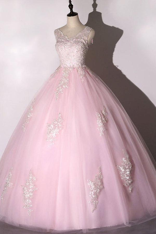 Ball Gown Pink V-neck Prom Dress Tulle Applique Long Evening Dress TP1060 - Tirdress