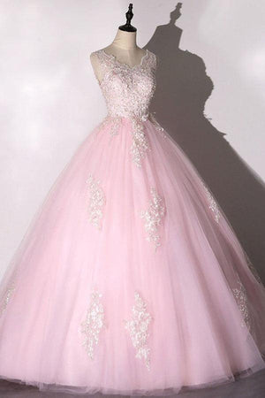 Ball Gown Pink V-neck Prom Dress Tulle Applique Long Evening Dress TP1060 - Tirdress