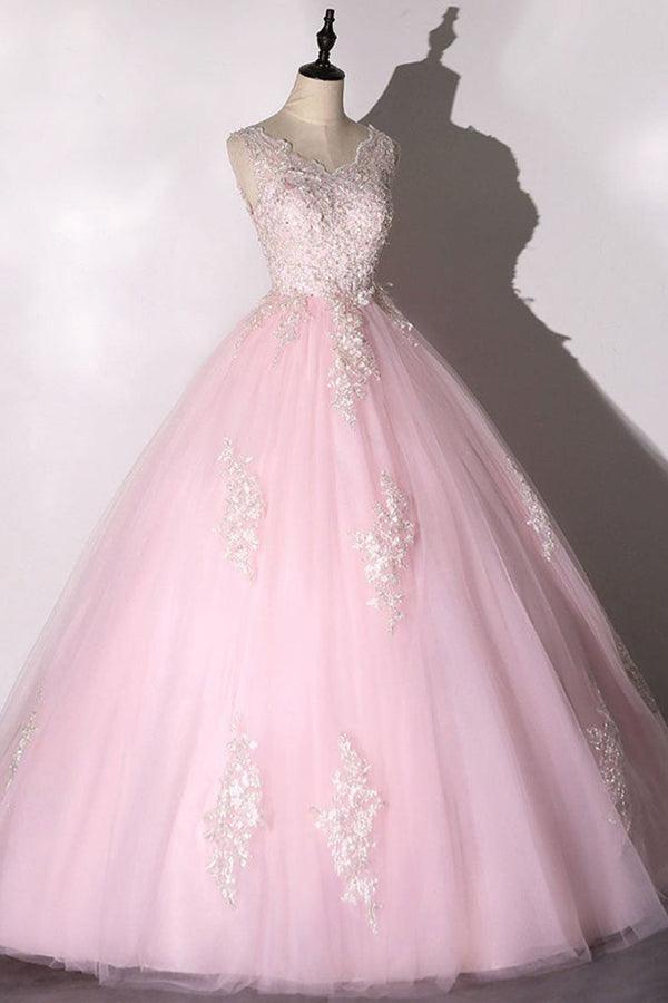 Ball Gown Pink V-neck Prom Dress Tulle Applique Long Evening Dress TP1060 - Tirdress