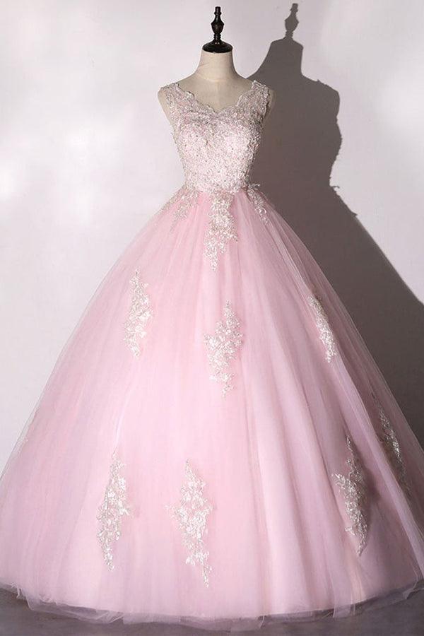 Ball Gown Pink V-neck Prom Dress Tulle Applique Long Evening Dress TP1060 - Tirdress