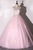 Ball Gown Pink V-neck Prom Dress Tulle Applique Long Evening Dress TP1060