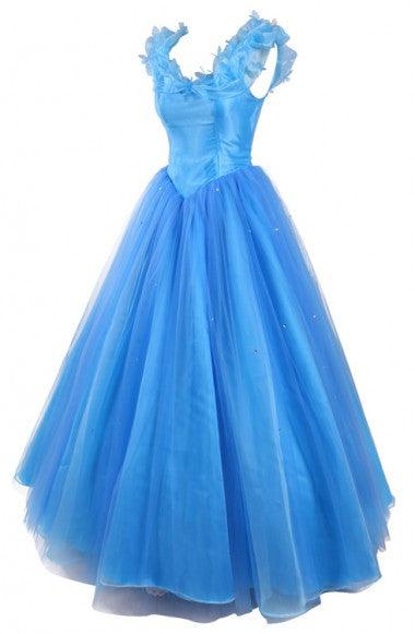 Ball Gown Scoop Tulle Blue Long Prom Evening Dress With Cap Sleeves TP0027 - Tirdress