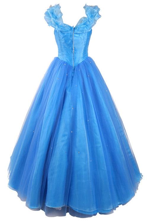 Ball Gown Scoop Tulle Blue Long Prom Evening Dress With Cap Sleeves TP0027 - Tirdress