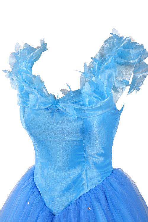 Ball Gown Scoop Tulle Blue Long Prom Evening Dress With Cap Sleeves TP0027 - Tirdress