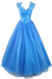 Ball Gown Scoop Tulle Blue Long Prom Evening Dress With Cap Sleeves TP0027