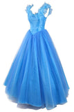 Ball Gown Scoop Tulle Blue Long Prom Evening Dress With Cap Sleeves TP0027 - Tirdress