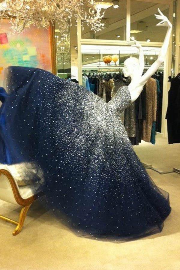 Ball Gown Strapless Beading Tulle Long Navy Blue Prom Dresses PG366 - Tirdress