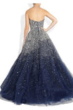 Ball Gown Strapless Beading Tulle Long Navy Blue Prom Dresses PG366 - Tirdress