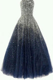 Ball Gown Strapless Beading Tulle Long Navy Blue Prom Dresses PG366 - Tirdress