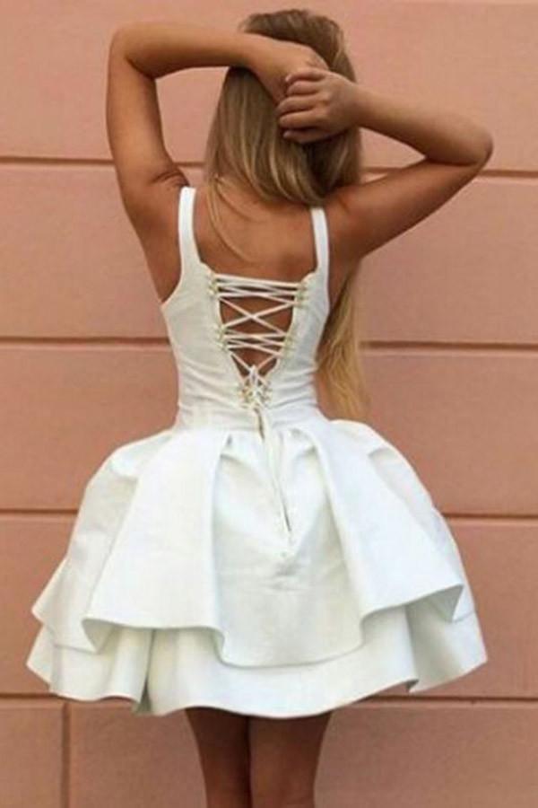 Ball Gown Straps Short Lace-up White Satin Homecoming Dress PG126 - Tirdress
