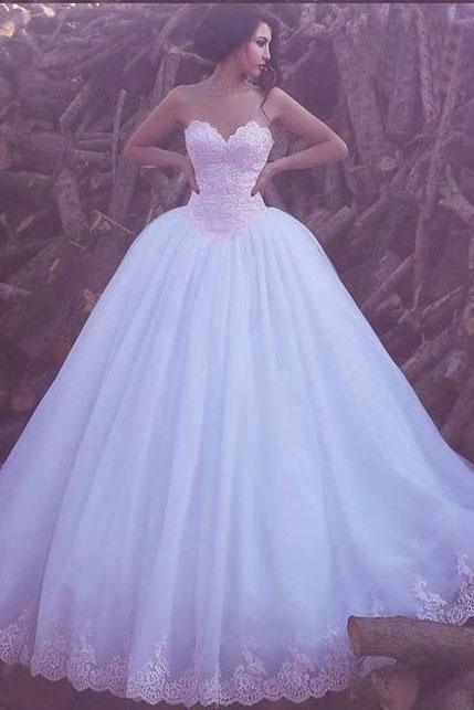 FLORET Illusion Neckline 3/4 Sleeves Satin White Ball Bridal Gown –  AlesiaC.com