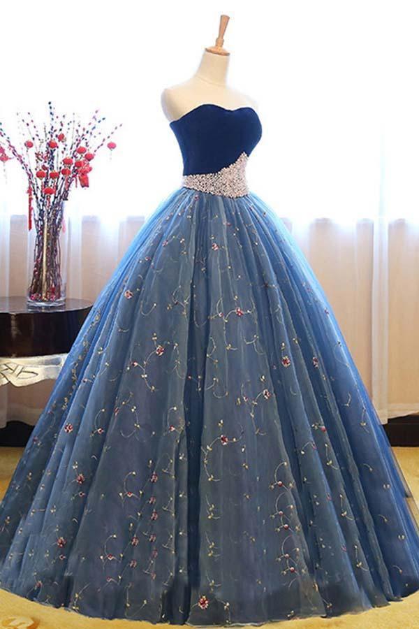 Ball Gown Sweetheart Navy Blue Lace Prom Dress with Beading PG497 - Tirdress
