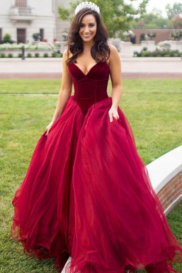 Ball Gown Sweetheart Sweep Train Dark Red Tulle Prom Dress PG476 - Tirdress