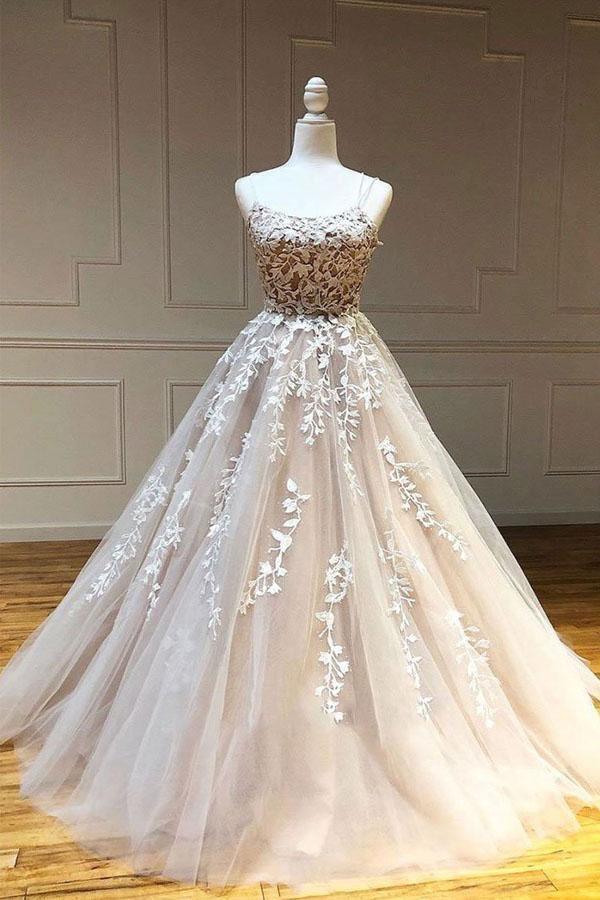 Ball Gown Tulle Scoop Appliqued Lace Long Prom Dress Evening Dress