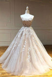 Ball Gown Tulle Scoop Appliqued Lace Long Prom Dress Evening Dress TP0902