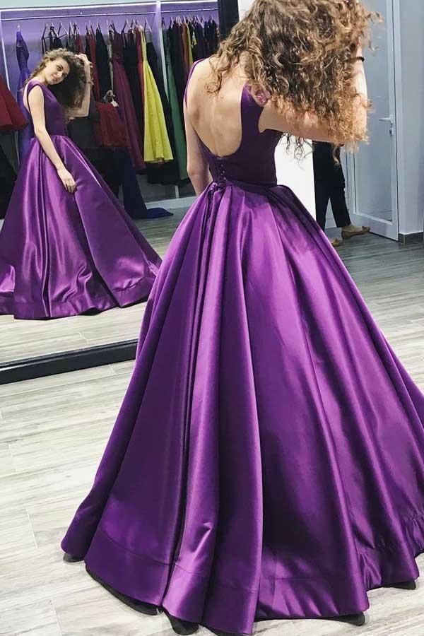 Ball Gown V-Neck Sweep Train Satin Sleeveless Backless Prom Dress PG482 - Tirdress