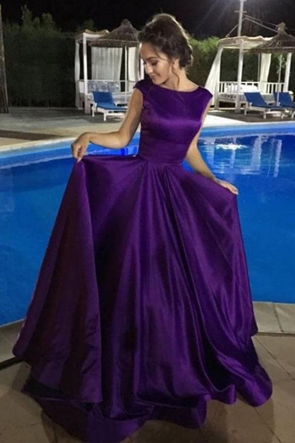 Ball Gown V-Neck Sweep Train Satin Sleeveless Backless Prom Dress PG482 - Tirdress