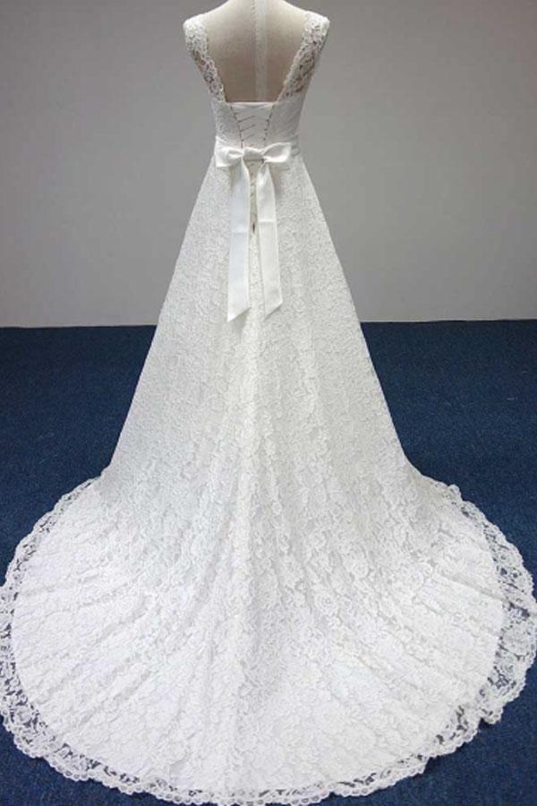 Bateau A-Line Lace Sash Bowknot Sleeveless Wedding Dress WD158 - Tirdress