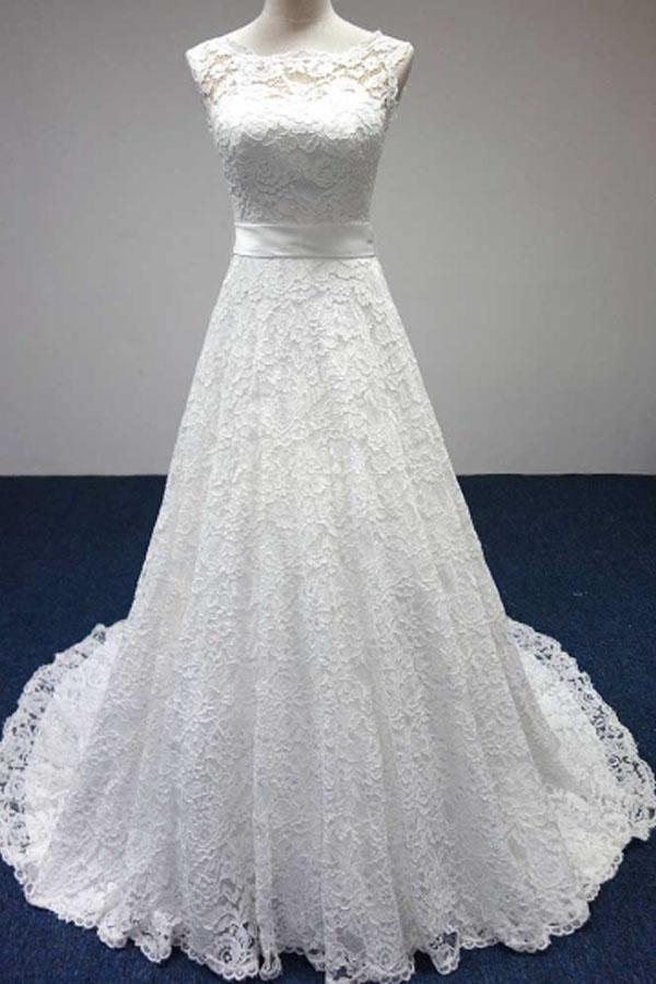 Bateau A-Line Lace Sash Bowknot Sleeveless Wedding Dress WD158 - Tirdress