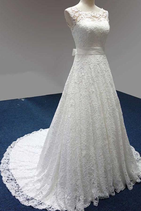 Bateau A-Line Lace Sash Bowknot Sleeveless Wedding Dress WD158 - Tirdress