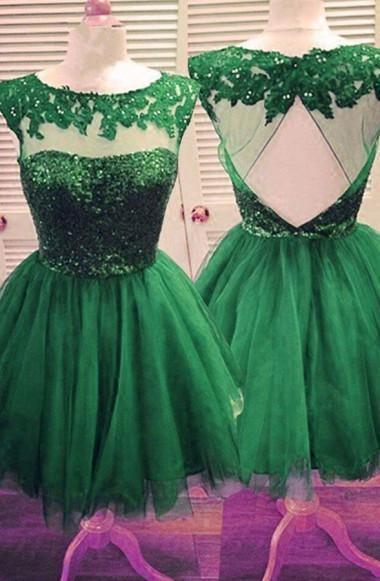 Bateau Beaded Open Back Hunter Green Tulle Homecoming Dress TR0122 - Tirdress