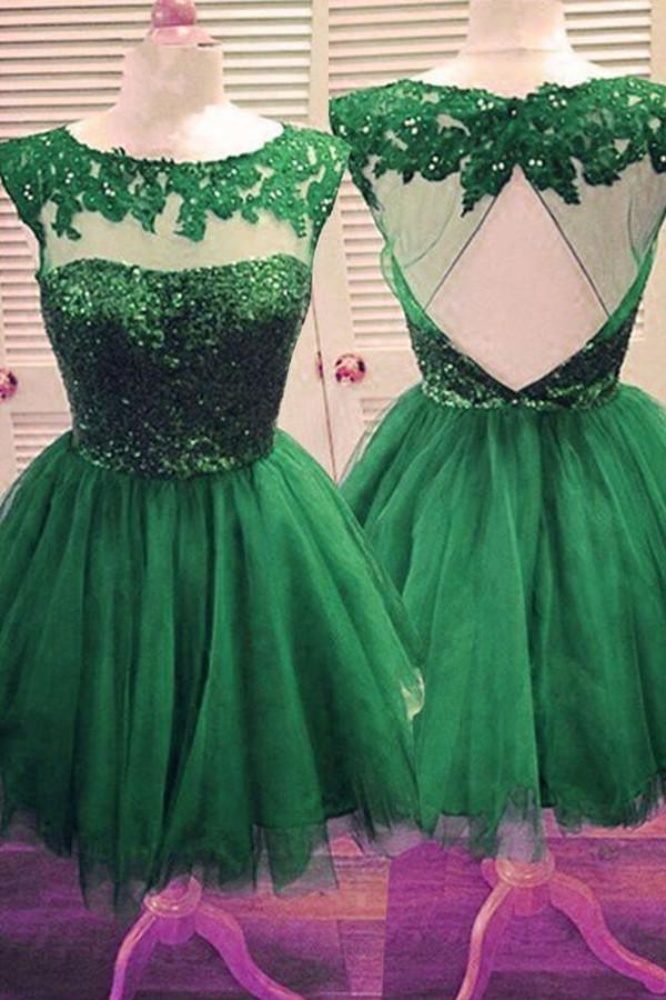 Bateau Beaded Open Back Hunter Green Tulle Homecoming Dress TR0122 - Tirdress