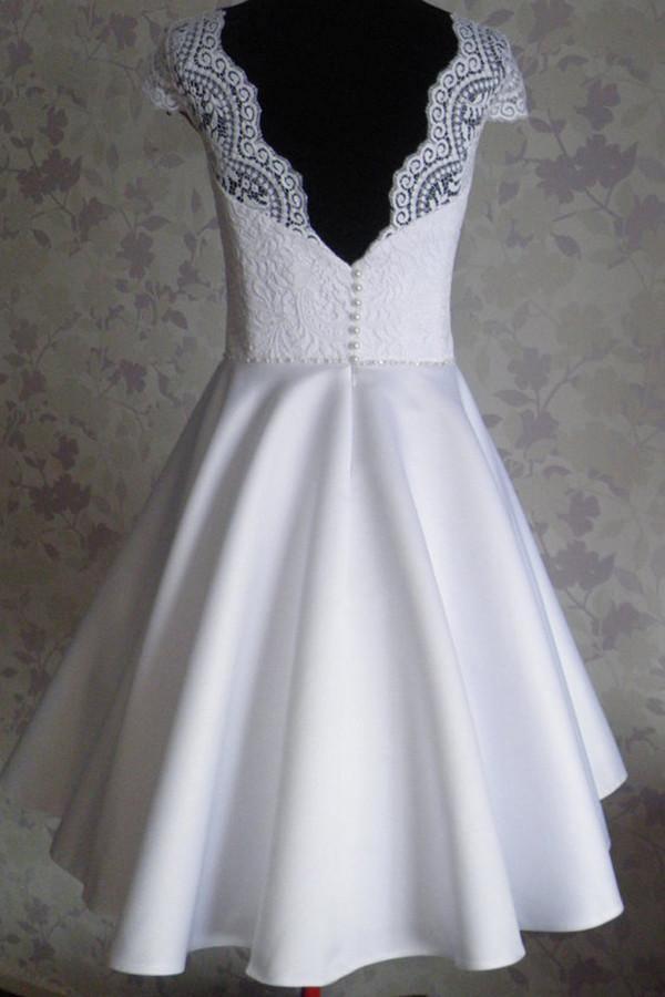 Bateau Knee-Length Cap Sleeves Open Back White Homecoming Dress TR0088 - Tirdress
