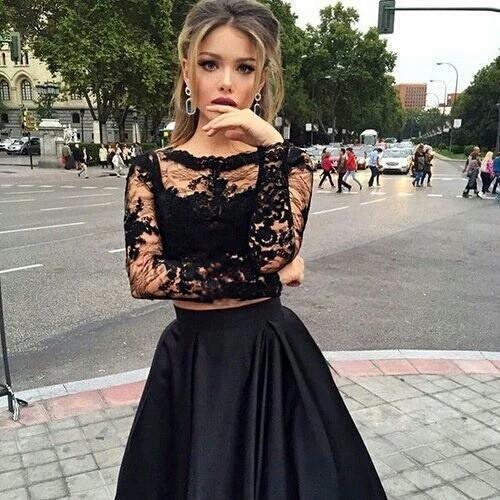Bateau Neck Two Piece Long Sleeves Lace Evening Dress Prom Dresses US4 / As Picture Bateau Neck Two Piece Long Sleeves Lace Evening Dress Prom Dresses US4 / As Picture