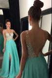 Beaded V Neck Open Back Long Chiffon Prom Dresses With Leg Slit PG375 - Tirdress