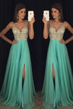 Beaded V Neck Open Back Long Chiffon Prom Dresses With Leg Slit PG375 - Tirdress