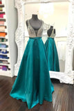 Beaded Plunging V-neckline Floor-length Teal Green Satin Prom Dress PG395 - Tirdress