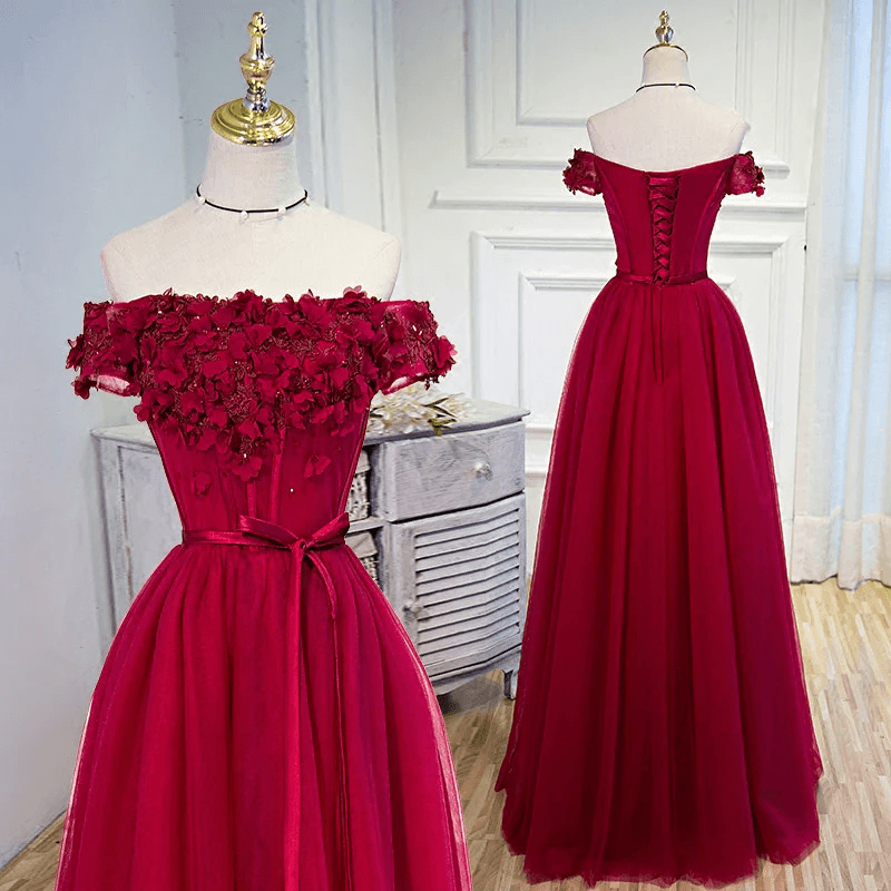 Beautiful Burgundy Flowers Long Prom Dress Evening Dresses TP0817 - Tirdress