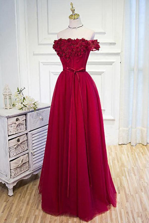 Beautiful Burgundy Flowers Long Prom Dress Evening Dresses TP0817 - Tirdress
