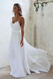 Beautiful A Line Lace Long White Spaghetti Straps Beach/Coast Wedding Dress TN170 - Tirdress