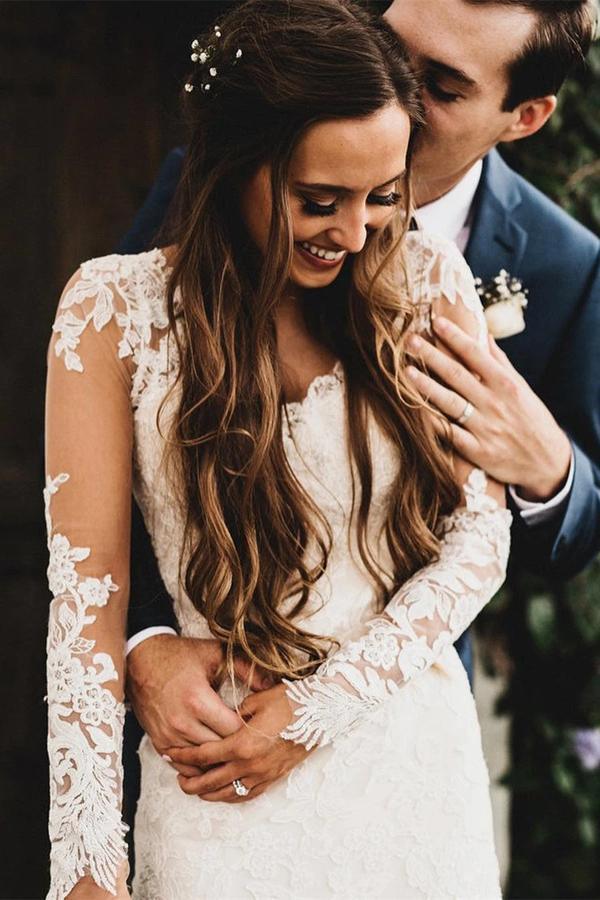 Beautiful Ivory V-neck Long Sleeves Wedding Dress Bridal Gowns TN293 US4 / White Beautiful Ivory V-neck Long Sleeves Wedding Dress Bridal Gowns TN293 US4 / White