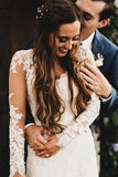 Wunderschöne Tüll-Spitze-Elfenbein-Brautkleider mit V-Ausschnitt und langen Ärmeln, Brautkleider TN293