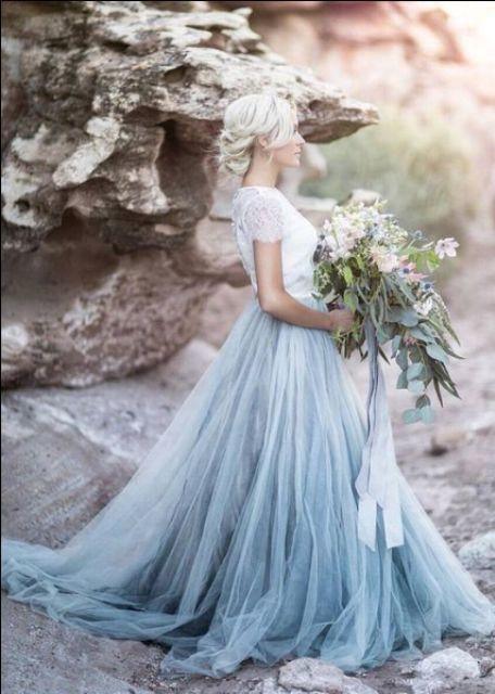 Beautiful Lace Top Short Sleeves Prom Dress Wedding Dress TN136 US8 / White+Blue Beautiful Lace Top Short Sleeves Prom Dress Wedding Dress TN136 US8 / White+Blue
