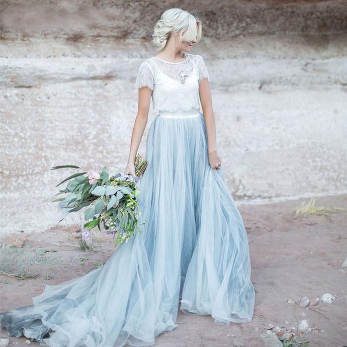 Beautiful Lace Top Short Sleeves Prom Dress Wedding Dress Tn136 US8 / White+Blue Beautiful Lace Top Short Sleeves Prom Dress Wedding Dress Tn136 US8 / White+Blue