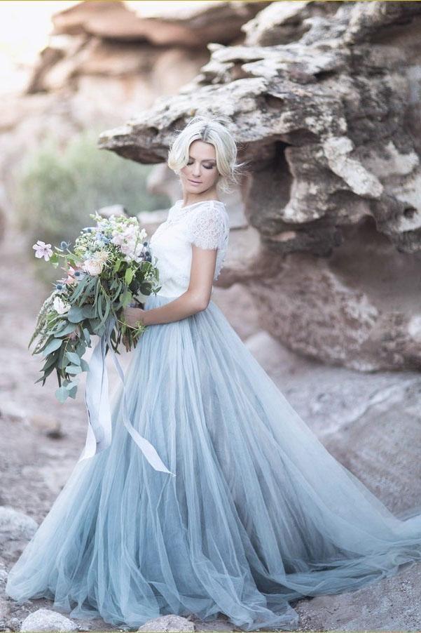 Beautiful Lace Top Short Sleeves Prom Dress Wedding Dress Tn136 US8 / White+Blue Beautiful Lace Top Short Sleeves Prom Dress Wedding Dress Tn136 US8 / White+Blue