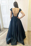 A Line Black Satin Open Black Cap Sleeves Long Prom Dresses TP1174 - Tirdress