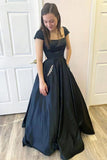 A Line Black Satin Open Black Cap Sleeves Long Prom Dresses TP1174 - Tirdress