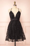 Black Lace Straps A-line Short Party Dress Lace Homecoming Dresses HD0175