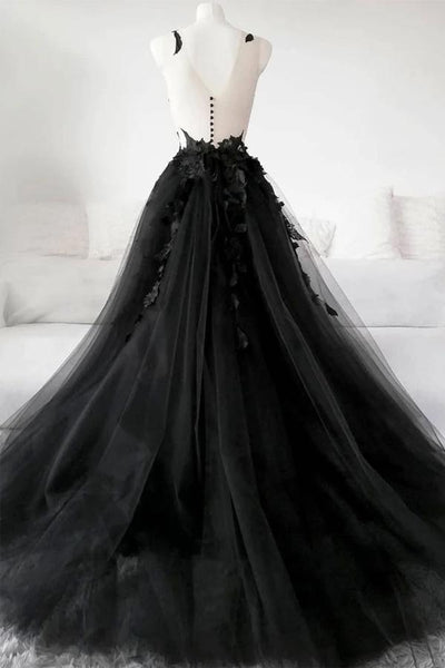 Black Lace Tulle Long Prom Gown Black Evening Dress-Tirdress