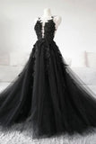 Langes Abendkleid aus schwarzem Spitzentüll, schwarzes Abendkleid TP0981