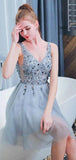 Bling A Line V Neck Light Blue Short Homecoming Dresses With Beading HD0085 - Tirdress