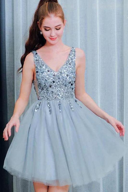 A Line V Neck Light Blue Short Homecoming Dresses With Beading HD0085 US8 / Custom Color A Line V Neck Light Blue Short Homecoming Dresses With Beading HD0085 US8 / Custom Color