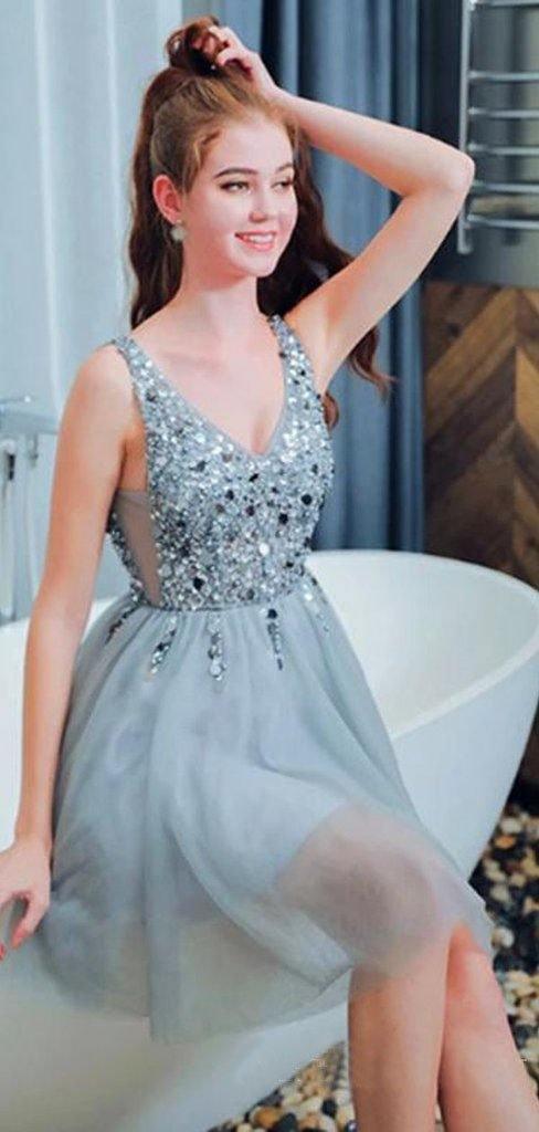 A Line V Neck Light Blue Short Homecoming Dresses With Beading HD0085 US8 / Custom Color A Line V Neck Light Blue Short Homecoming Dresses With Beading HD0085 US8 / Custom Color